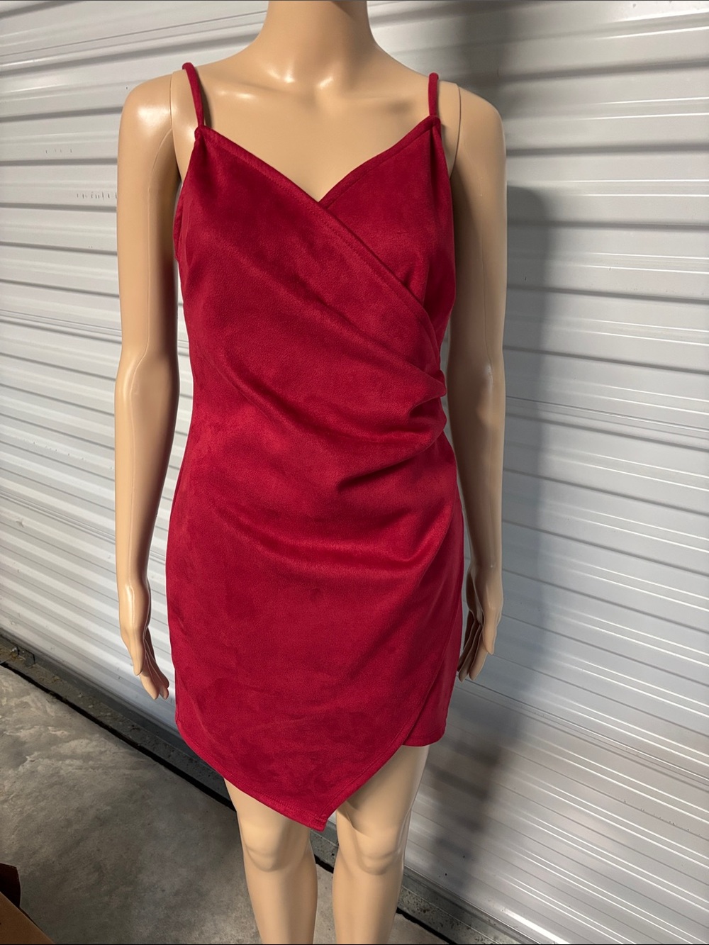 iris Red Asymmetric Wrap Mini Dress with Spaghetti Straps